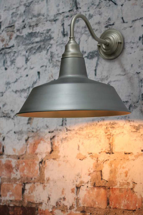 Factory Gooseneck Wall Light with Satin Nickel arm and Vintage Steel Shade