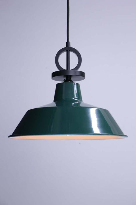 Pendant light with green shade and black pendant cord with disc