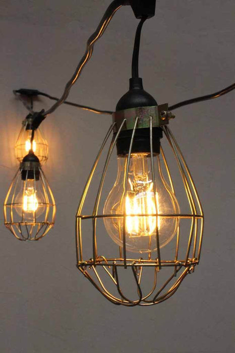 Festoon lighting with hanging lamp holders cages wall plug. outdoor string lights with IP44. festoon lights for exterior or indoor use.