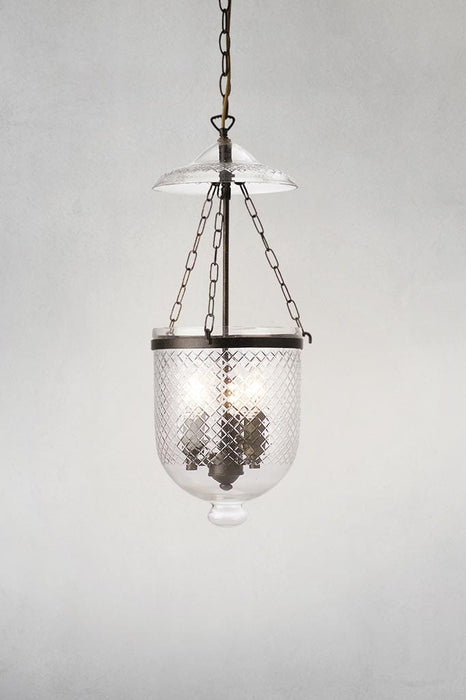 Float glass pendant light with rustic bronze metal ware