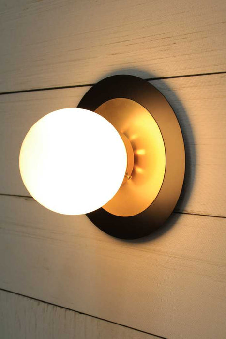 Glass Ball Disc Wall Light - small opal shade with Large black disc and small brass disc