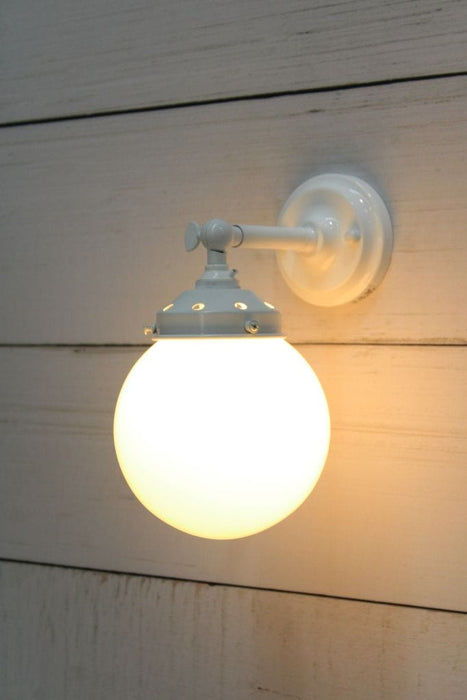 Glass Ball Wall Light with short white arm and small opal shade