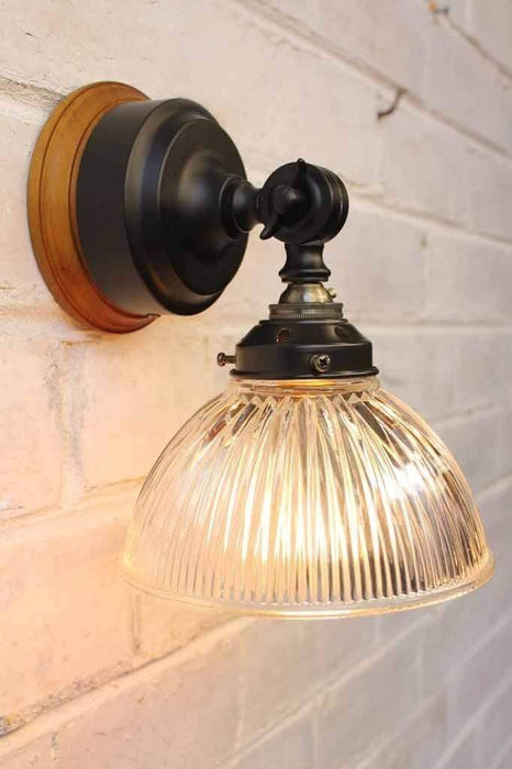 Glass batten wall light with holophane pressed glass shade