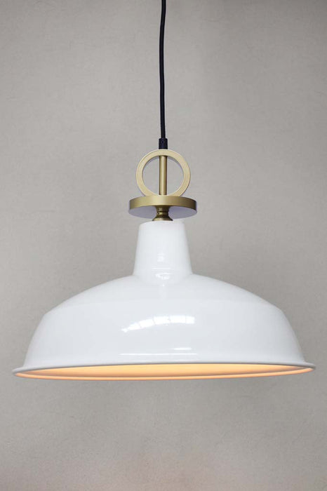 Warehouse style gold pendant light with large white shade with disc