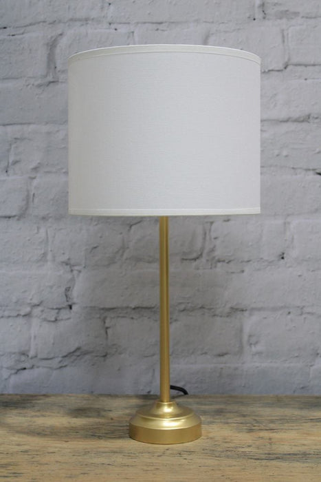 Gold/brass table lamp with white fabric shade