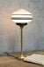 Gold base table lamp with three stripe shade