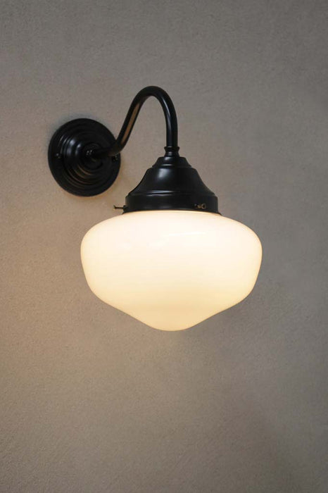 Gooseneck wall light with small opal shade