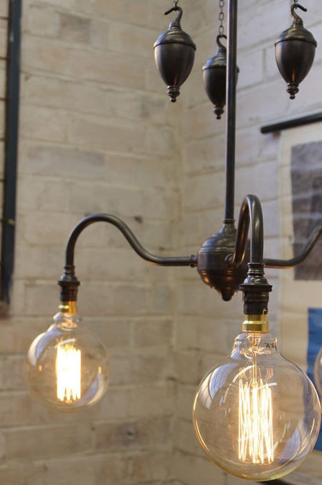 Gooseneck chandelier light with ornamental brass pulley