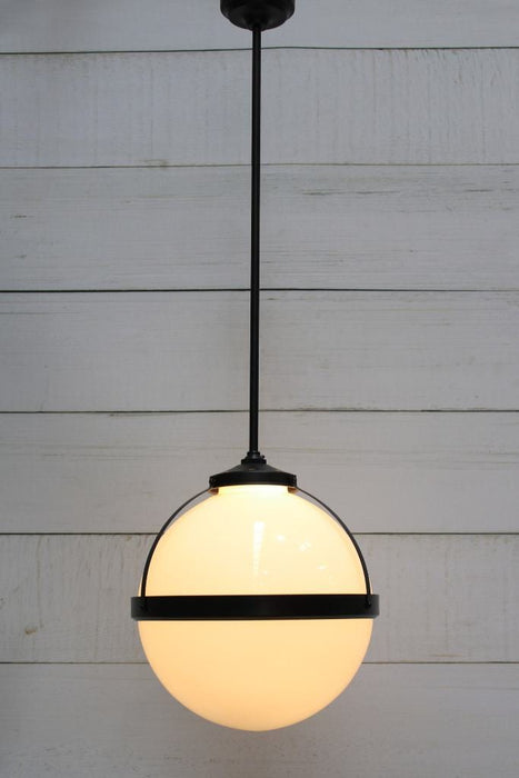 Huxley pendant with black pole and large opal shade'