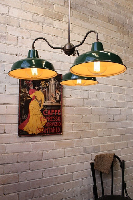 Industrial gooseneck warehouse chandelier with federation green warehouse style shades