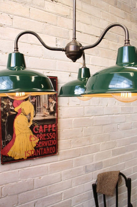 Industrial gooseneck warehouse chandelier with green warehosue shades