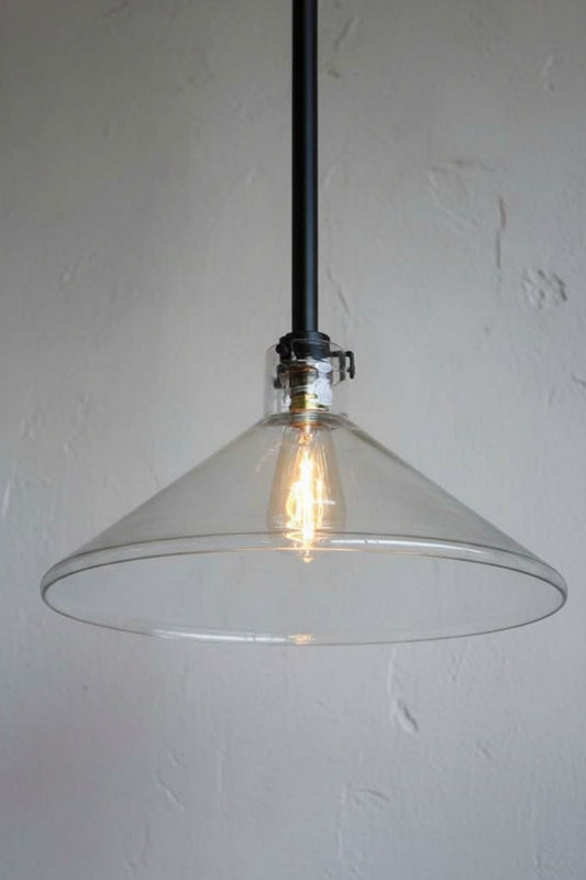 Industrial lab funnel rod pendant light with matt black poles