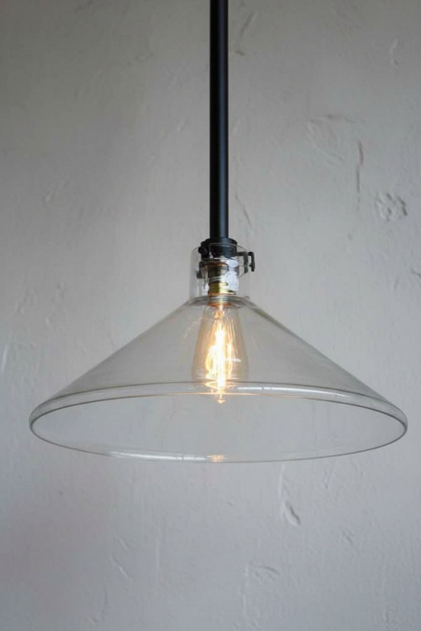Industrial lab funnel rod pendant light with matt black poles