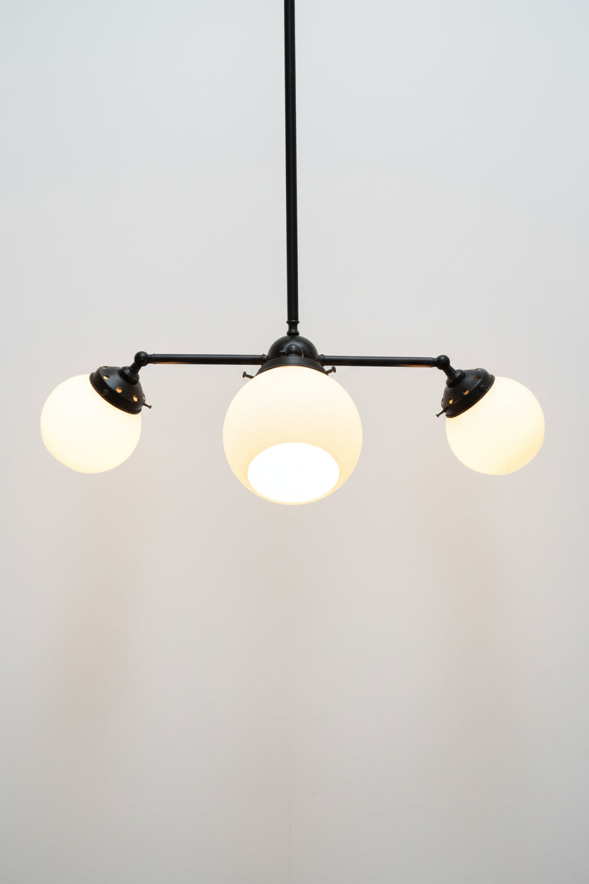 Michigan Open Glass Triple Chandelier with black steel arm and small shades