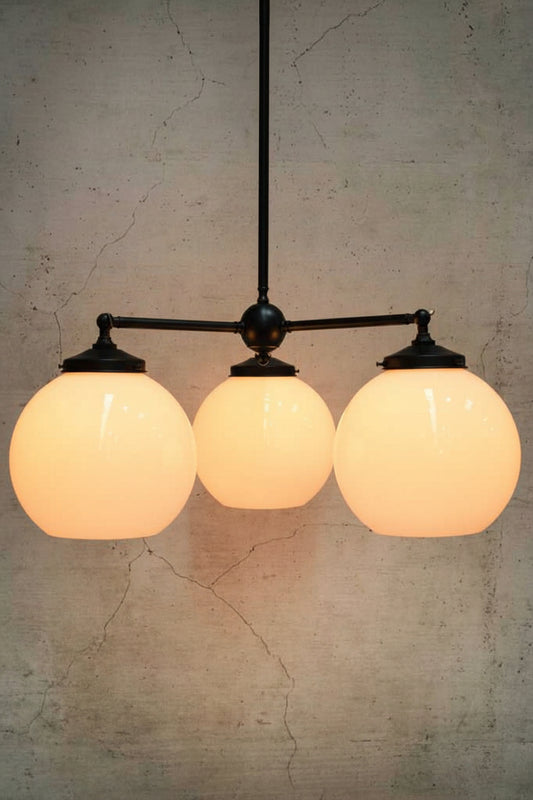 Michigan Open Glass Double - Triple Chandelier with a black steel triple am and large opal shades