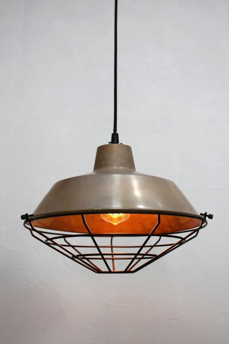Round cord brass pendant light with cage guard