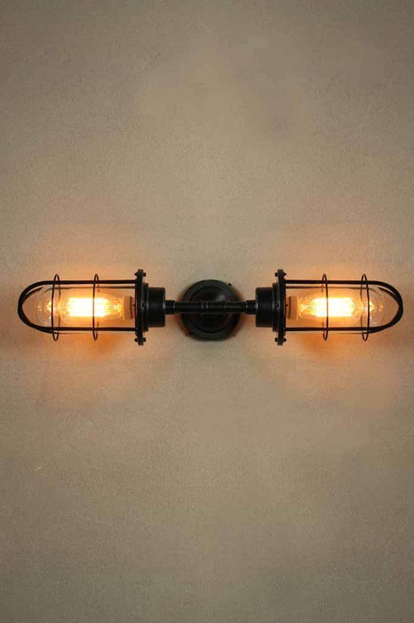 Outdoor double bunker wall light with steel glass and cage. outdoor