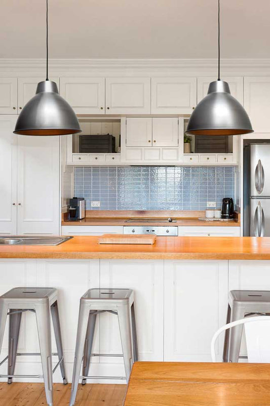 Vintage Steel Loft Pendant Light over a bench kitchen table