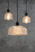 Three light pendant with two small and one large clear crosshatched shades