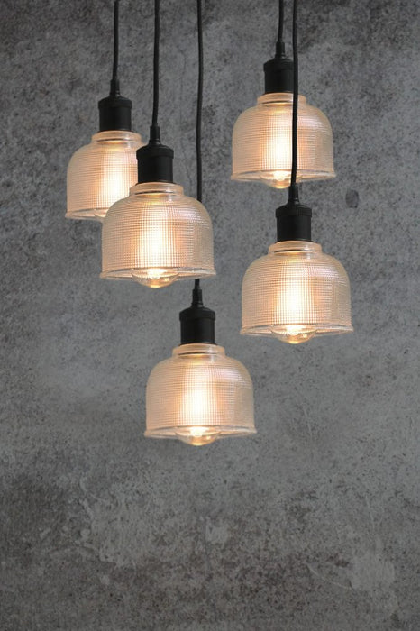 Five light pendant with clear crosshatched shades