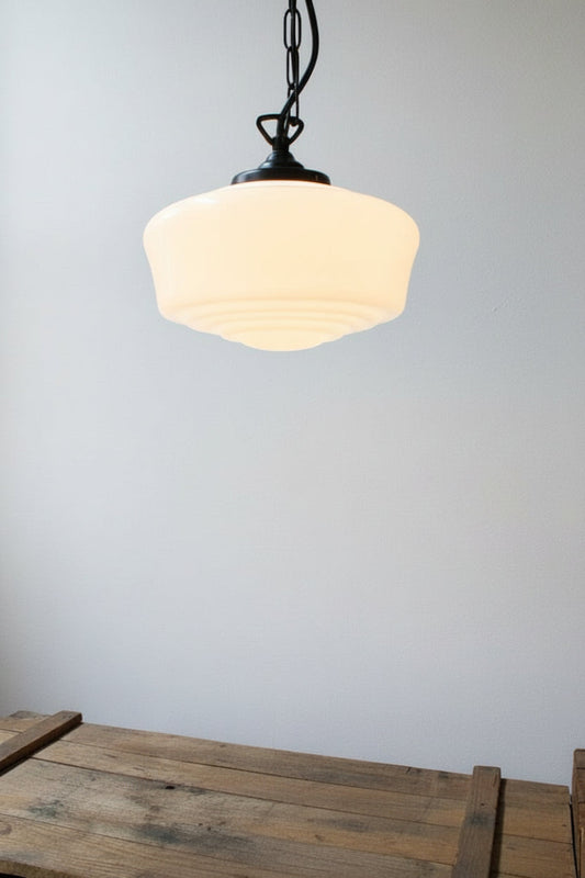 Opal glass shade on a black chain and cord