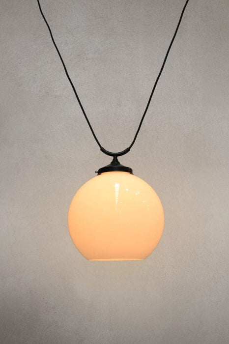 Large round open bottom opal glass shade with trapeze pendant cord