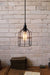 Pendant cage light in black used as a ceiling light above desk