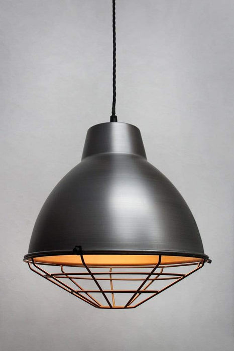 Raw steel pendant light with black cage and twist cord