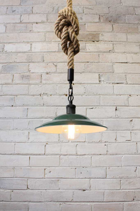 Green pendant light with knotted rope