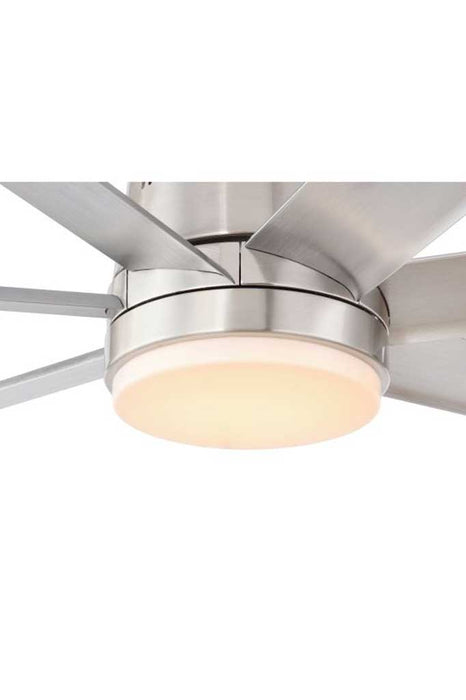 Close up of satin nickel ceiling fan with light 