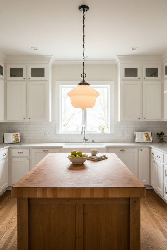 Schoolhouse pendant with black top entry chain over kitchen island