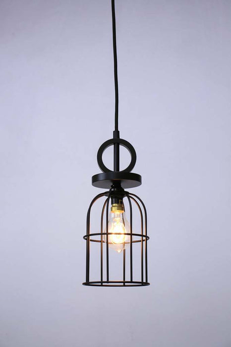 Small black cage pendant with black cord and disc