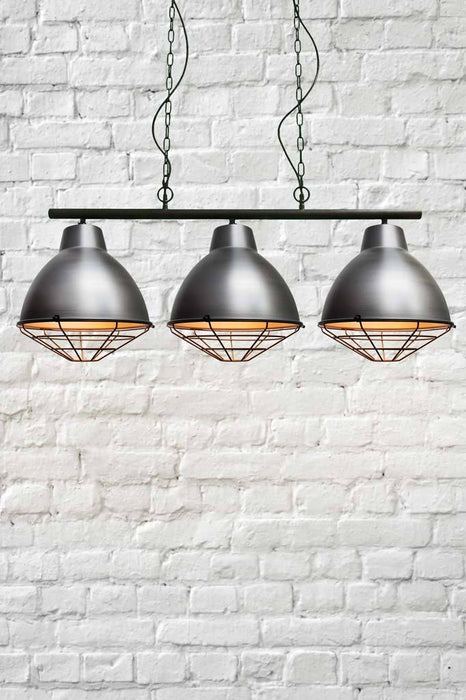 Steel three light pendant with black cage covers
