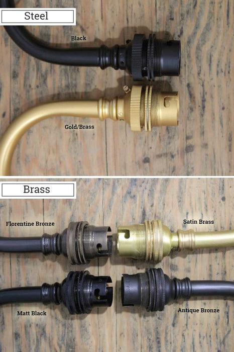 Examples of black and gold/brass steel finishes plus florentine bronze, satin brass, matt black and antique bronze brass finishes