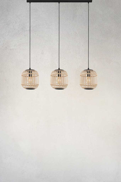 Three light pendant light with cane shade