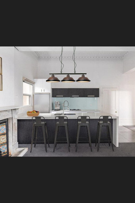Three hanging pendant lights hung from kitchen ceiling 