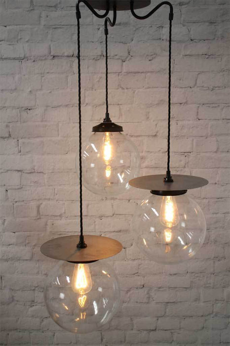 Trio of medium and large clear glass pendants and metal dics with gooseneck style and woven cord suspension