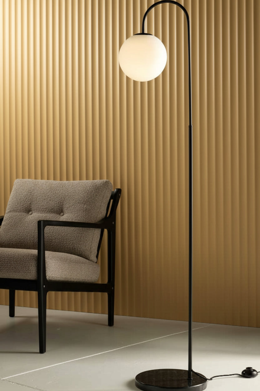 Satin Black Floor Lamp with a Marble base and opal glass shade