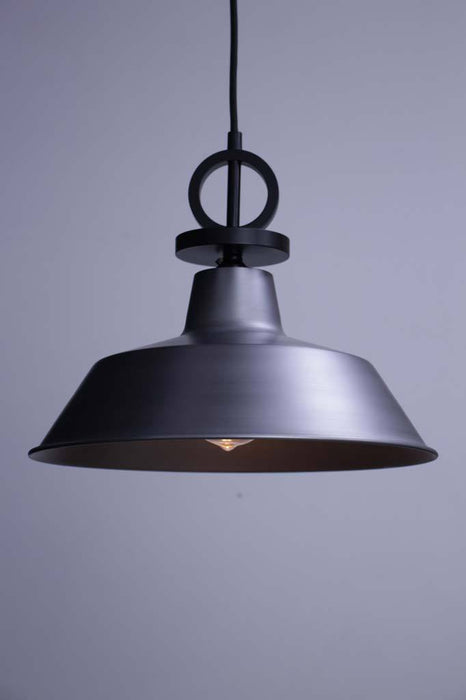 Pendant light with vintage steel shade and black cord with disc