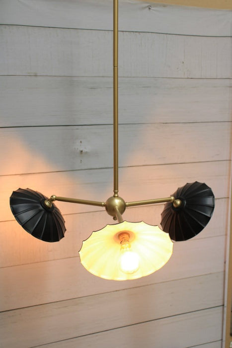 Vintage 3 arm umbrella small shades in black gold/brass frame in adjusted position