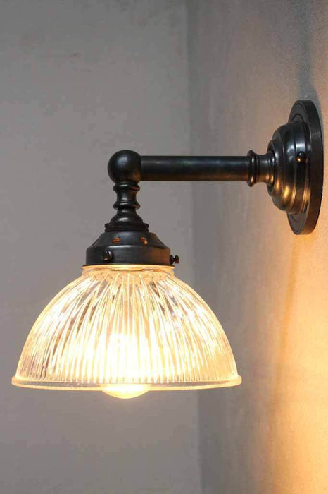 Vintage style wall light. vintage lighting online. holophane glass wall light.