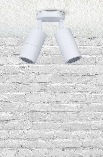 Twinlight spotlight in white affixed on a brick wall.