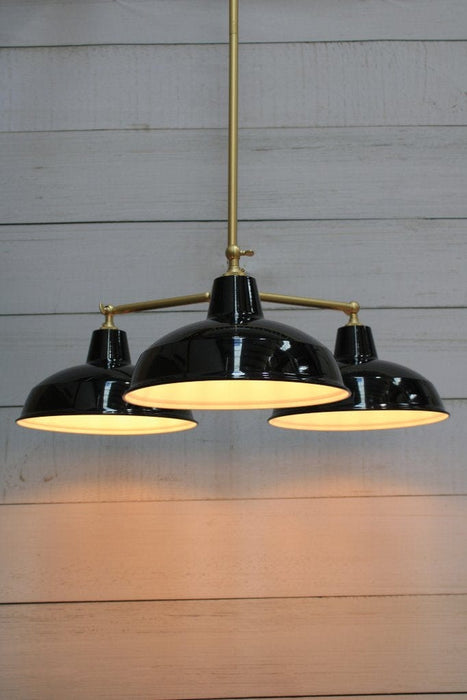 Warehouse 3 arm ceiling light with gold/brass steel frame and black shades