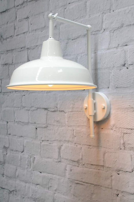 Warehouse wall light with white arm and white shade