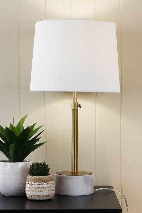 White linen table lamp with antique brass and marble finish base