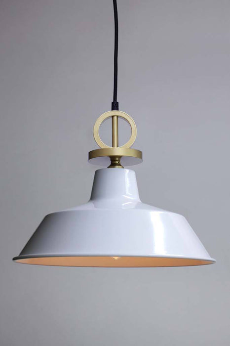 White pendant light with gold cord and disc