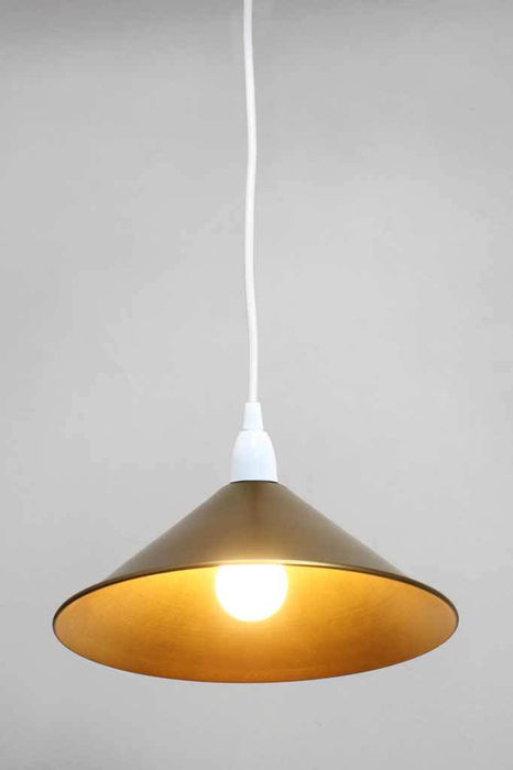 White pendant with brass cone shade