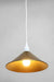 White pendant with brass cone shade