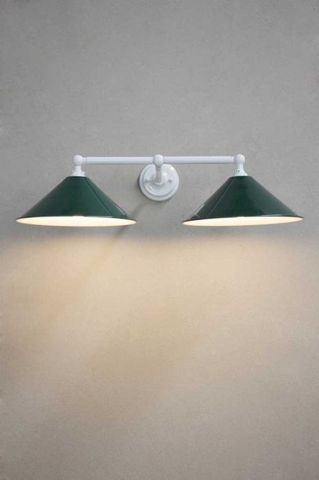 White double arm sconce with green shades