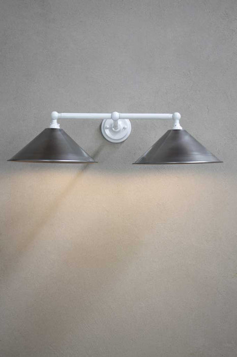 Double arm white sconce with vintage steel shades